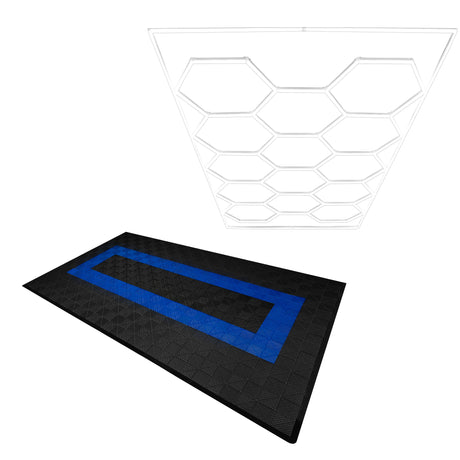Belüftete Garagenbodenfliesen in Schwarz mit blauen Akzenten, ergänzt durch sechseckige LED-Leuchten in einem modernen, geometrischen Design