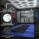 Belüftete Garagenbodenfliesen in Schwarz und Blau, sechseckige LED-Leuchten an der Decke, moderne Werkstatt mit strukturiertem Boden und Werkzeugaufbewahrung
