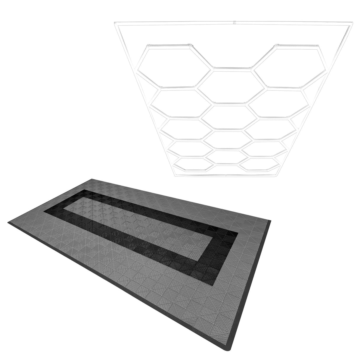 Graue und schwarze belüftete Garagenbodenfliesen mit einem sechseckigen Muster, ergänzt durch eine transparente LED-Leuchte in hexagonaler Form