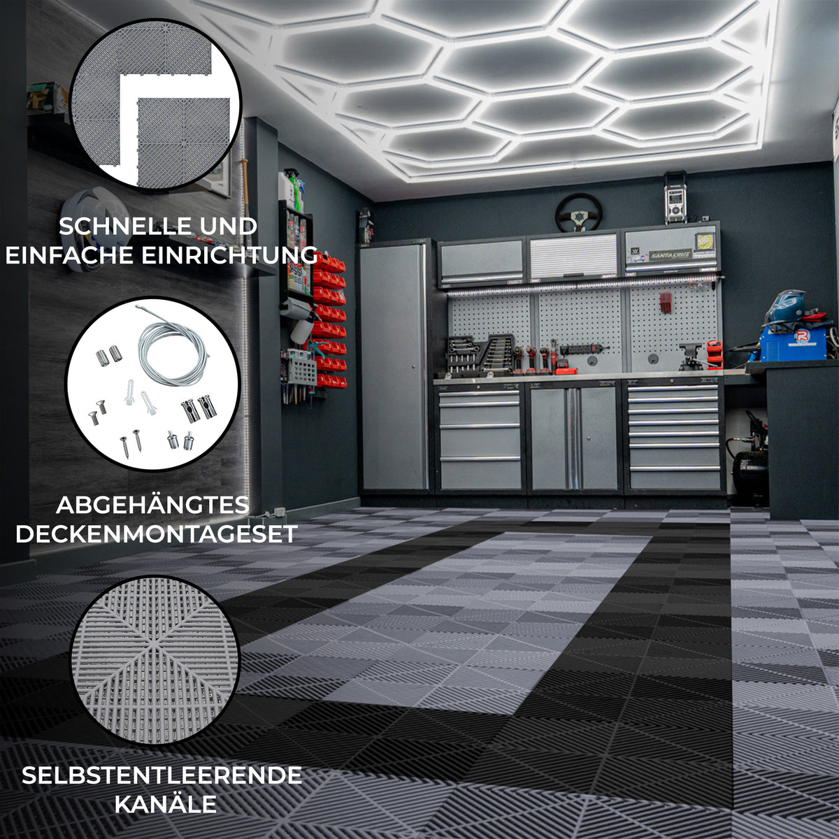 Graue und schwarze belüftete Garagenbodenfliesen mit sechseckigen LED-Leuchten, moderne, strukturierte Oberfläche und praktische Kanten für einfache Montage