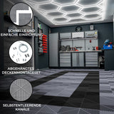 Graue und schwarze belüftete Garagenbodenfliesen mit sechseckigen LED-Leuchten, moderne, strukturierte Oberfläche und praktische Kanten für einfache Montage