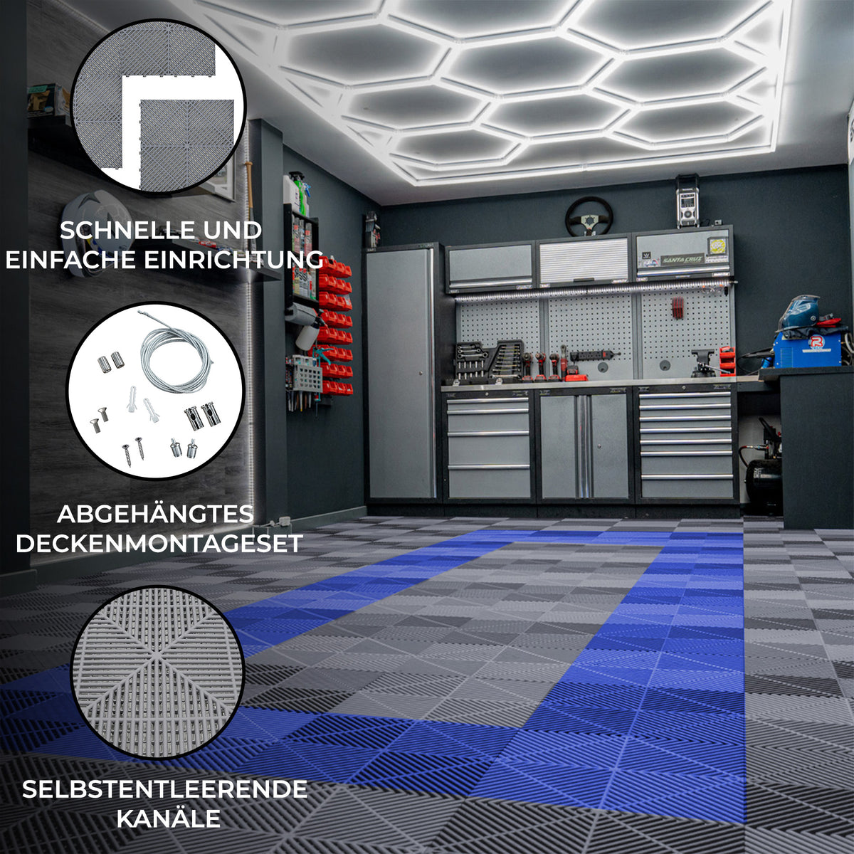 Graue und blaue sechseckige Garagenbodenfliesen mit belüfteten Kanälen, kombiniert mit modernen LED-Leuchten an der Decke in einem stilvollen Raum