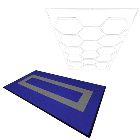 Belüftete Garagenbodenfliesen in Blau und Grau mit Kanten, kombiniert mit sechseckigen LED-Leuchten in einem modernen, geometrischen Design