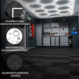 Schwarze belüftete Garagenbodenfliesen mit sechseckigen LED-Leuchten, strukturierte Oberfläche, einfache Montage, moderne Optik, ideal für Garagen und Werkstätten