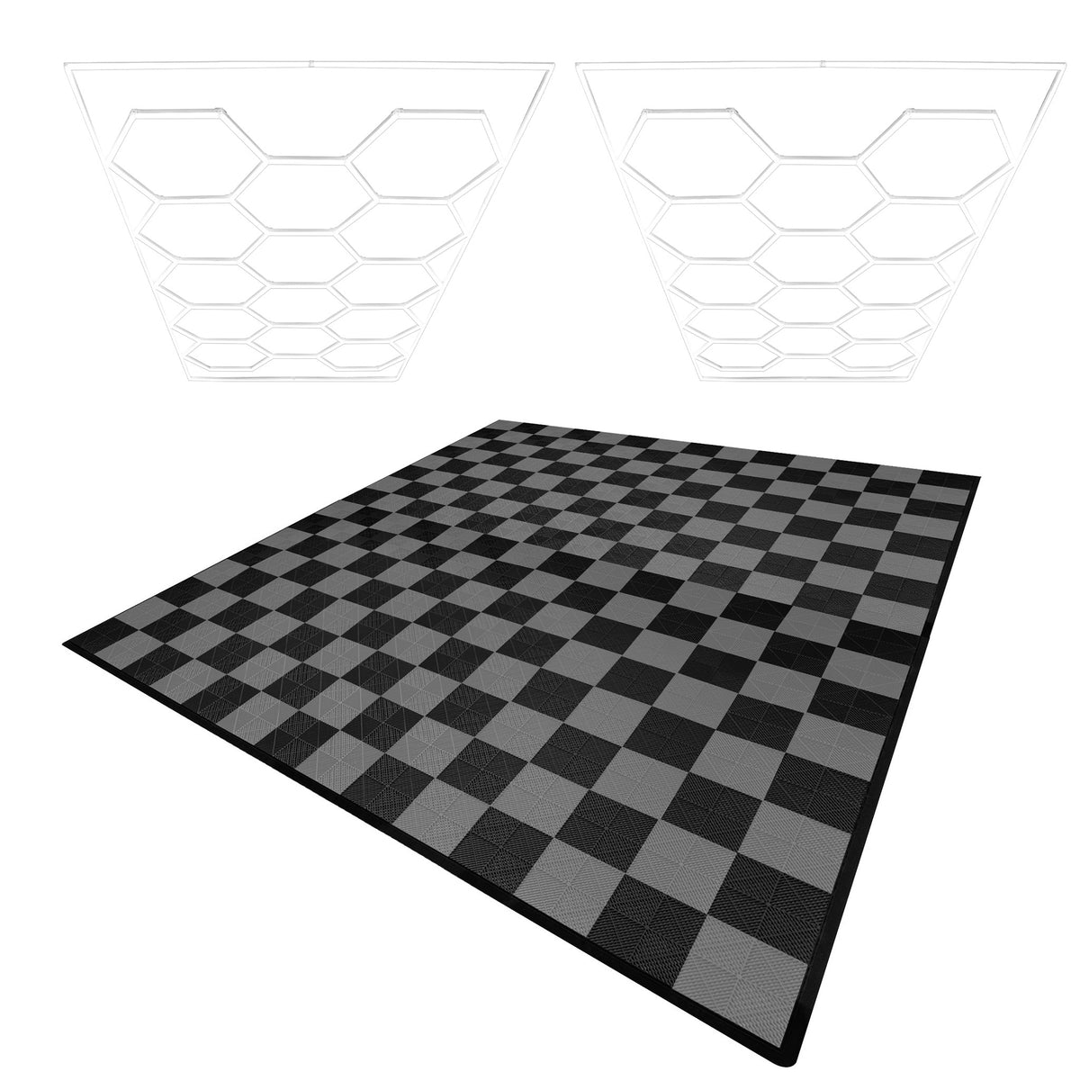 Belüftete Garagenbodenfliesen in Schwarz und Grau, mit sechseckigen LED-Leuchten, zeigen ein modernes, geometrisches Design und strukturierte Oberflächen