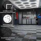 Belüftete Garagenbodenfliesen in Schwarz und Grau mit sechseckigen LED-Leuchten, strukturiertem Muster und selbstentleerenden Kanälen für optimale Funktionalität