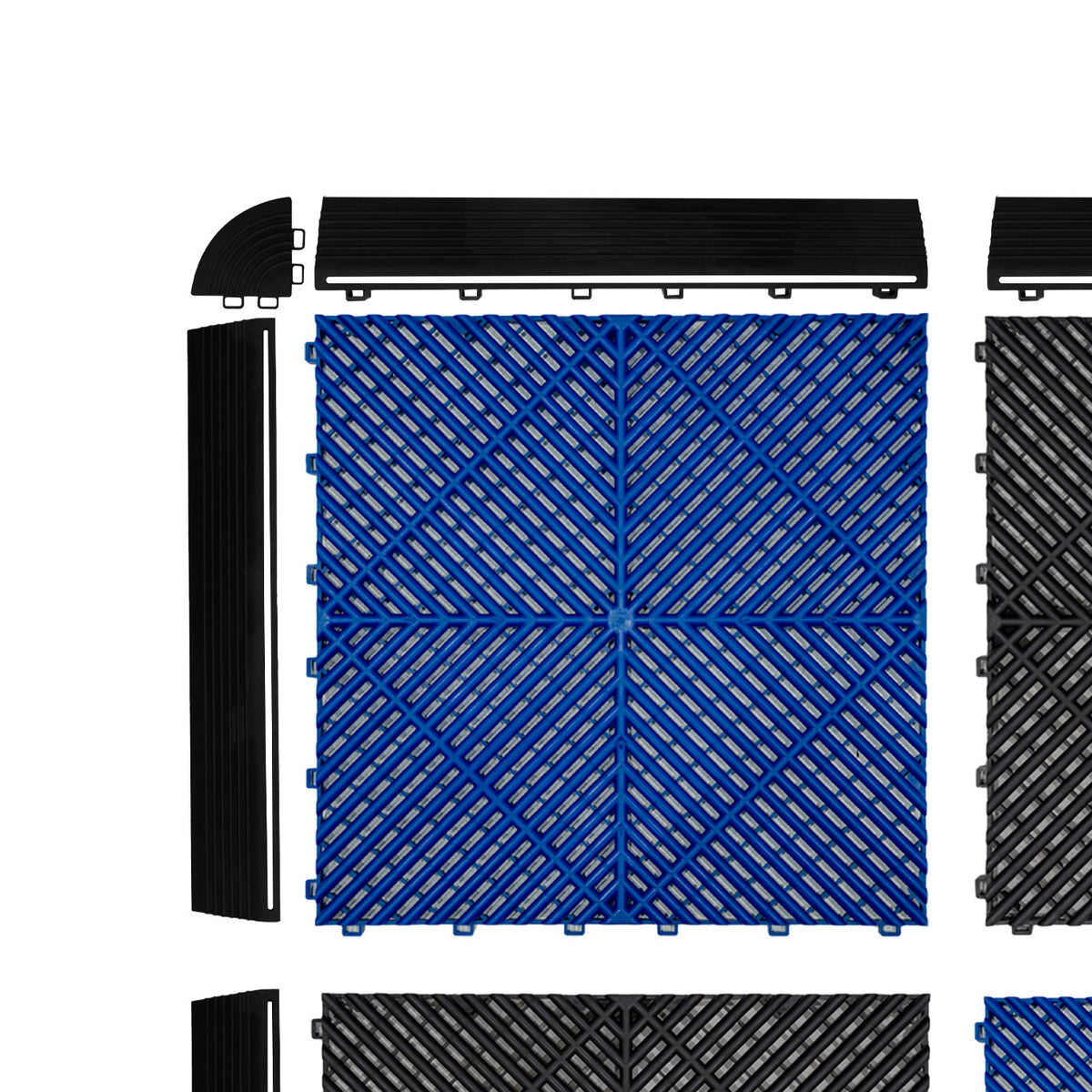 Belüftete Garagenbodenfliesen in Schwarz und Blau, sechseckige LED-Leuchten, strukturierte Oberfläche, ideal für Garagen und Werkstätten