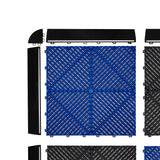 Belüftete Garagenbodenfliesen in Schwarz und Blau, sechseckige LED-Leuchten, strukturierte Oberfläche, ideal für Garagen und Werkstätten