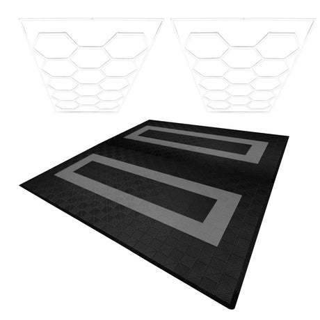 Belüftete Garagenbodenfliesen in Schwarz mit grauen Kanten, kombiniert mit sechseckigen LED-Leuchten in Weiß, ideal für moderne Garagenräume