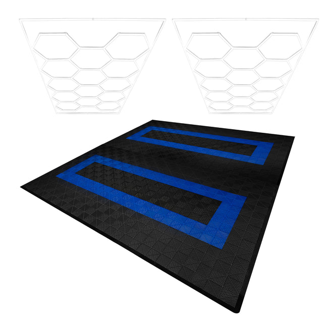 Belüftete Garagenbodenfliesen in Schwarz mit blauen Kanten und sechseckigen LED-Leuchten, die eine moderne und funktionale Gestaltung bieten