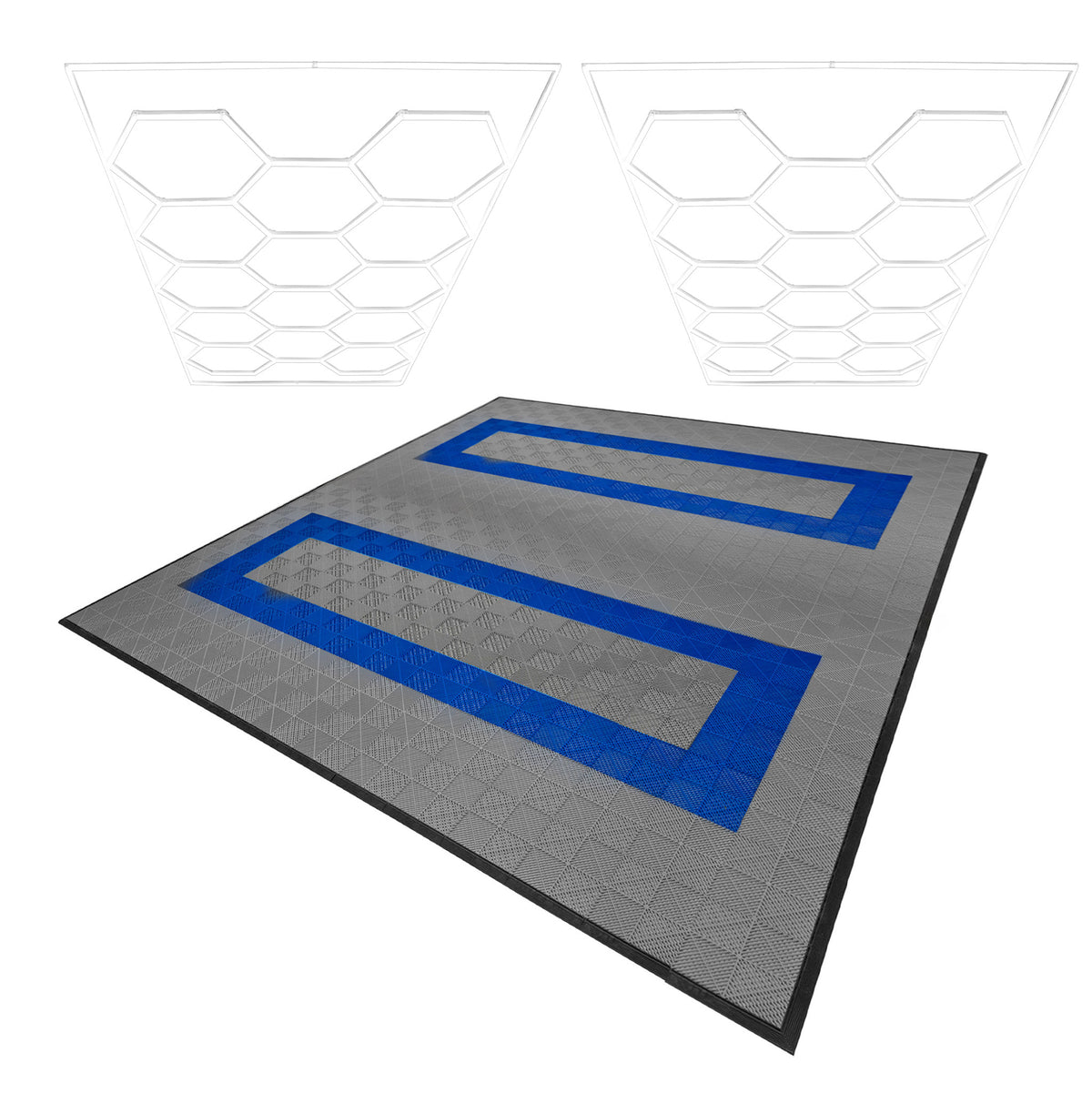 Belüftete Garagenbodenfliesen in Grau mit blauen Kanten und sechseckigen LED-Leuchten, die eine moderne und funktionale Gestaltung bieten