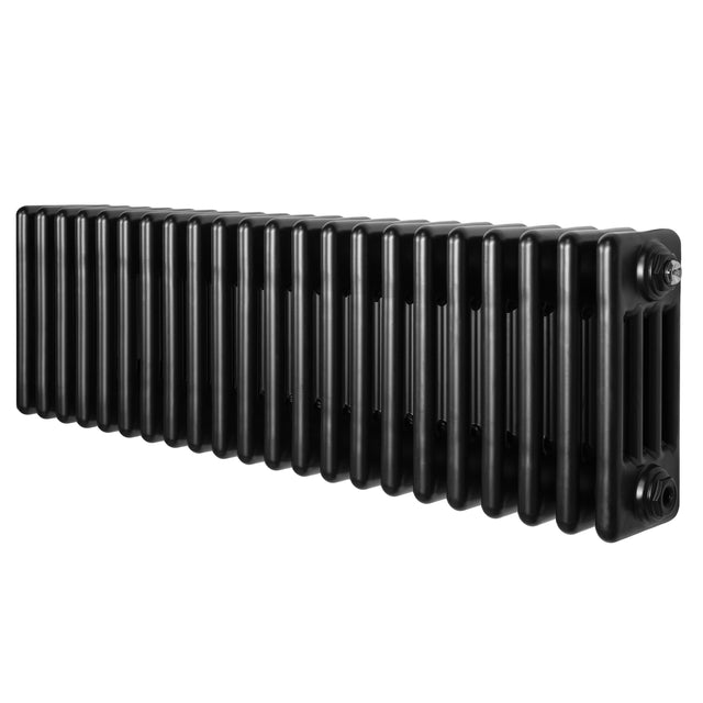 Schwarzer Röhrenheizkörper mit 4 Säulen, 300mm x 1010mm, glänzende Oberfläche, moderne und elegante Form, ideal für stilvolle Innenräume