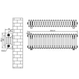 Schwarzer Röhrenheizkörper mit vier Säulen, Maße 300mm x 1010mm, zeigt detaillierte Zeichnung und Struktur, ideal für moderne Heizlösungen
