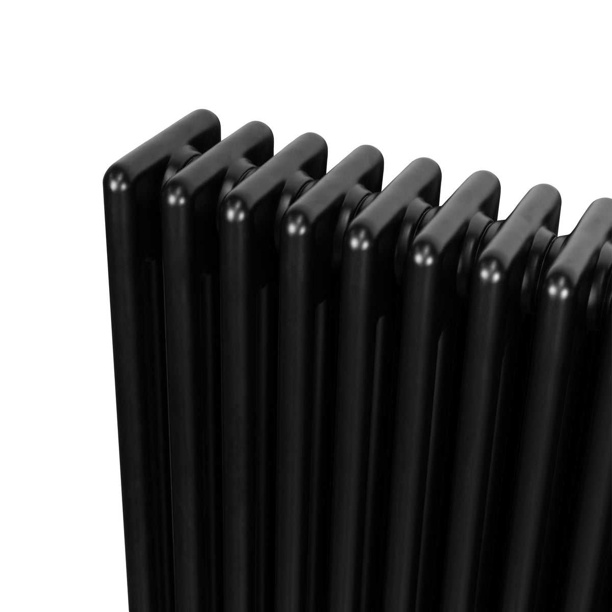 Schwarzer Röhrenheizkörper mit vier Säulen, 300mm x 1010mm, glänzende Oberfläche und modernes, elegantes Design, ideal für stilvolle Innenräume