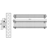 Schwarzer Röhrenheizkörper mit 4 Säulen, Maße 300mm x 1370mm, zeigt detaillierte technische Zeichnung und Struktur, ideal für moderne Innenräume