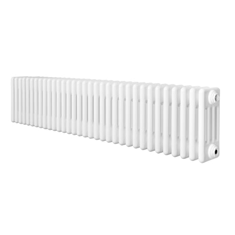 Röhrenheizkörper mit 4 Säulen in Weiß, 300mm x 1505mm, zeigt eine glatte, glänzende Oberfläche und gleichmäßige, vertikale Lamellen für effiziente Wärmeabgabe