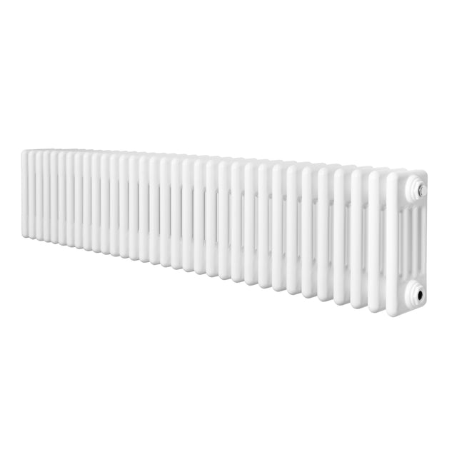 Röhrenheizkörper mit 4 Säulen in Weiß, 300mm x 1505mm, zeigt eine glatte, glänzende Oberfläche und gleichmäßige, vertikale Lamellen für effiziente Wärmeabgabe