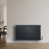 Röhrenheizkörper mit vier Säulen in Anthrazitgrau, 600mm x 1010mm, elegant an einer Wand montiert, mit glatter, glänzender Oberfläche und modernen Armaturen