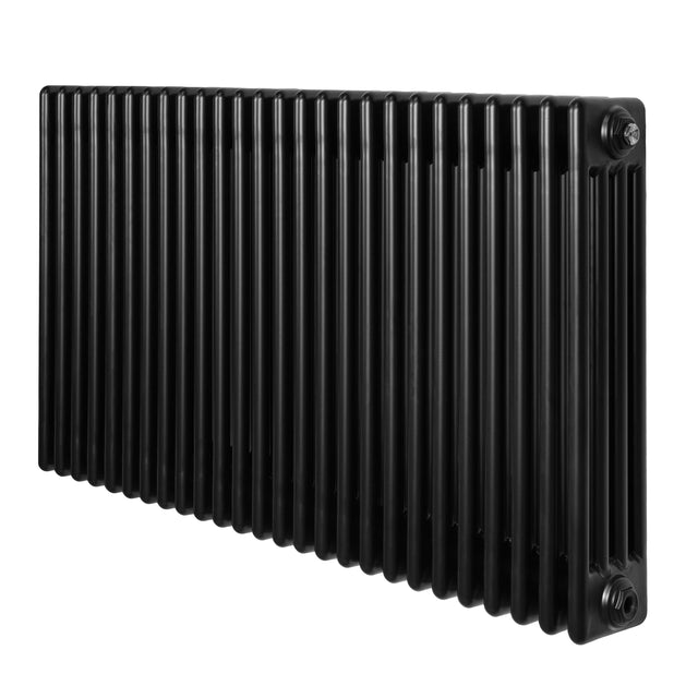 Schwarzer Röhrenheizkörper mit 4 Säulen, 600mm x 1190mm, glänzende Oberfläche und vertikale Lamellen für effiziente Wärmeverteilung