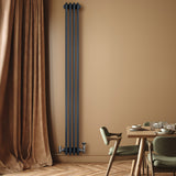 Röhrenheizkörper mit vier Säulen in Anthrazitgrau, elegant an einer Wand montiert, ergänzt durch einen stilvollen Tisch und Stühle in einem modernen Raum