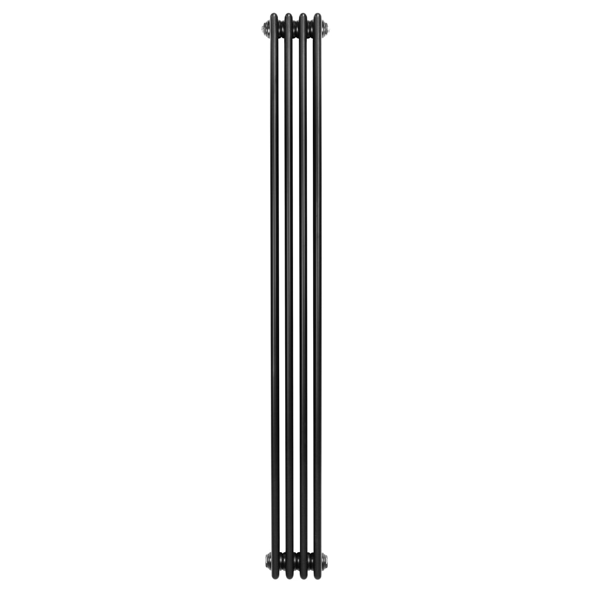Schwarzer Röhrenheizkörper mit vier Säulen, 1800mm hoch und 200mm breit, aus robustem Metall mit glatter, glänzender Oberfläche