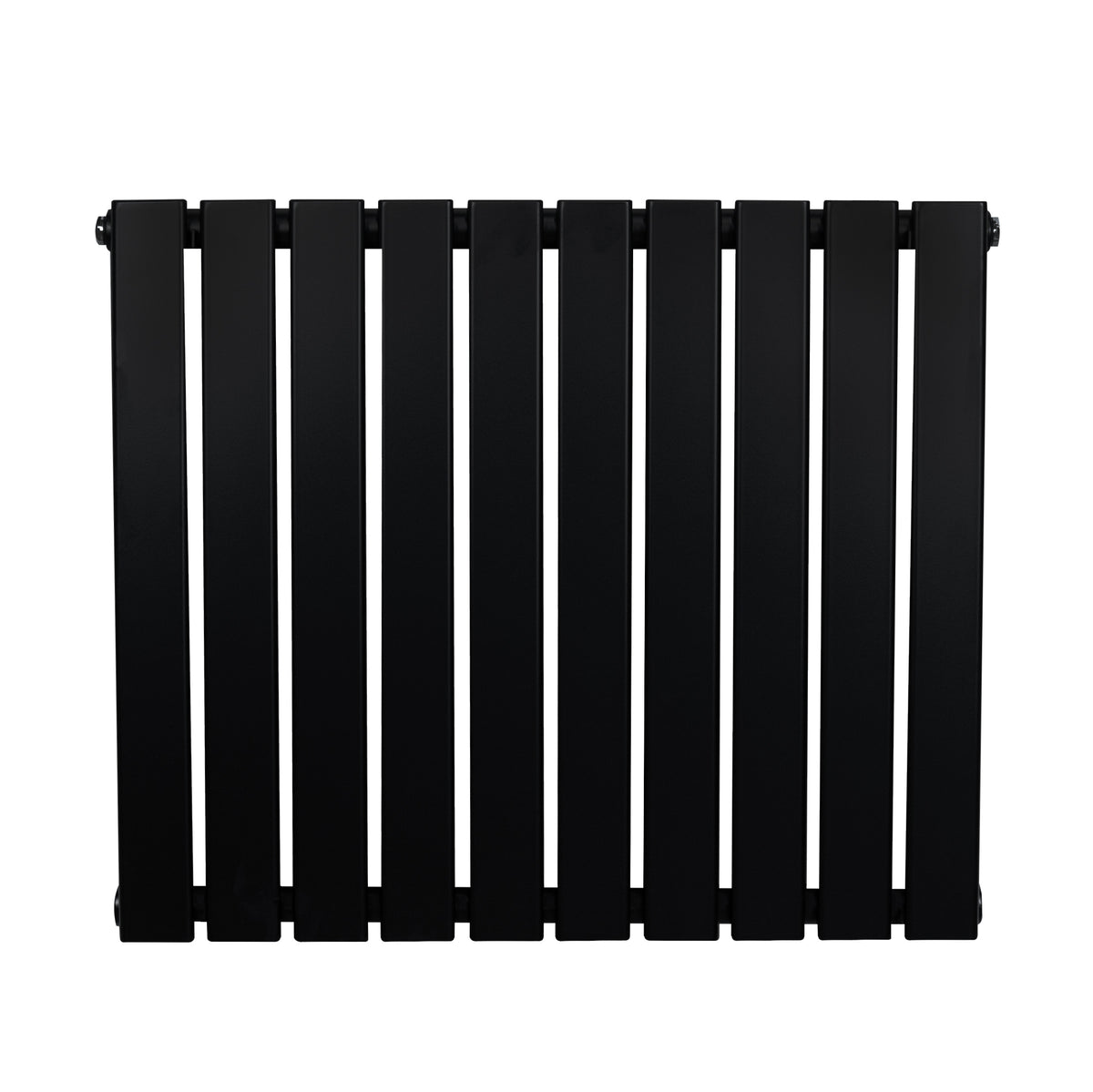 Flachheizkörper in Schwarz, 600mm x 700mm, mit schlanken, vertikalen Lamellen und glatter, mattschwarzer Oberfläche für modernes Wohndesign