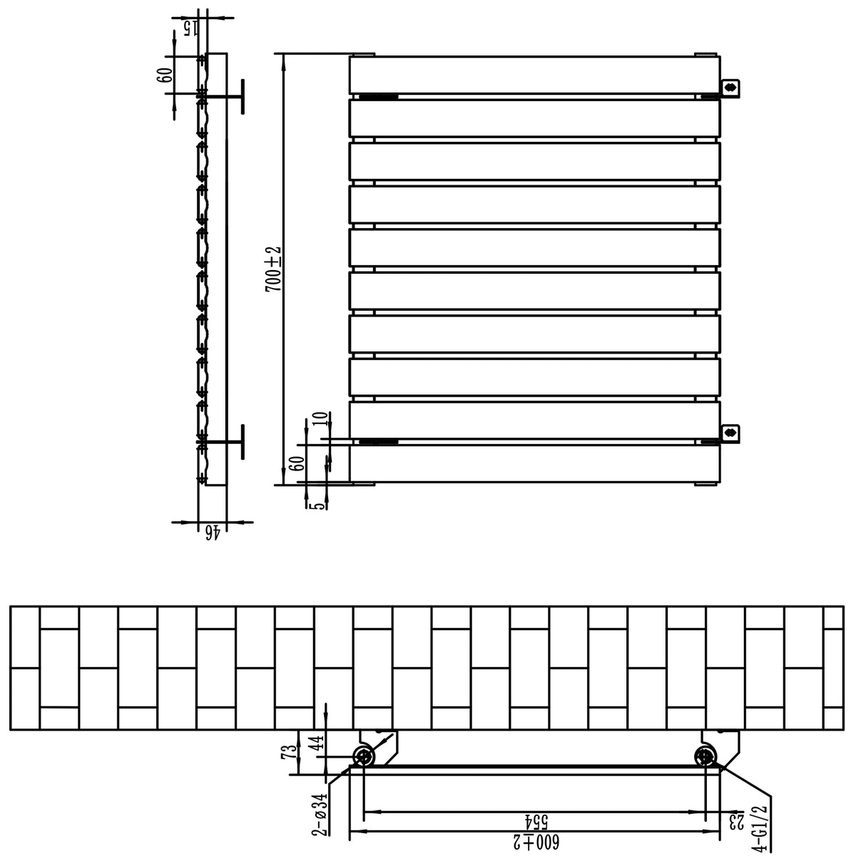 Flachheizkörper in Schwarz, Maße 600mm x 700mm, mit schlankem, modernen Design und vertikalen Lamellen für effiziente Wärmeverteilung