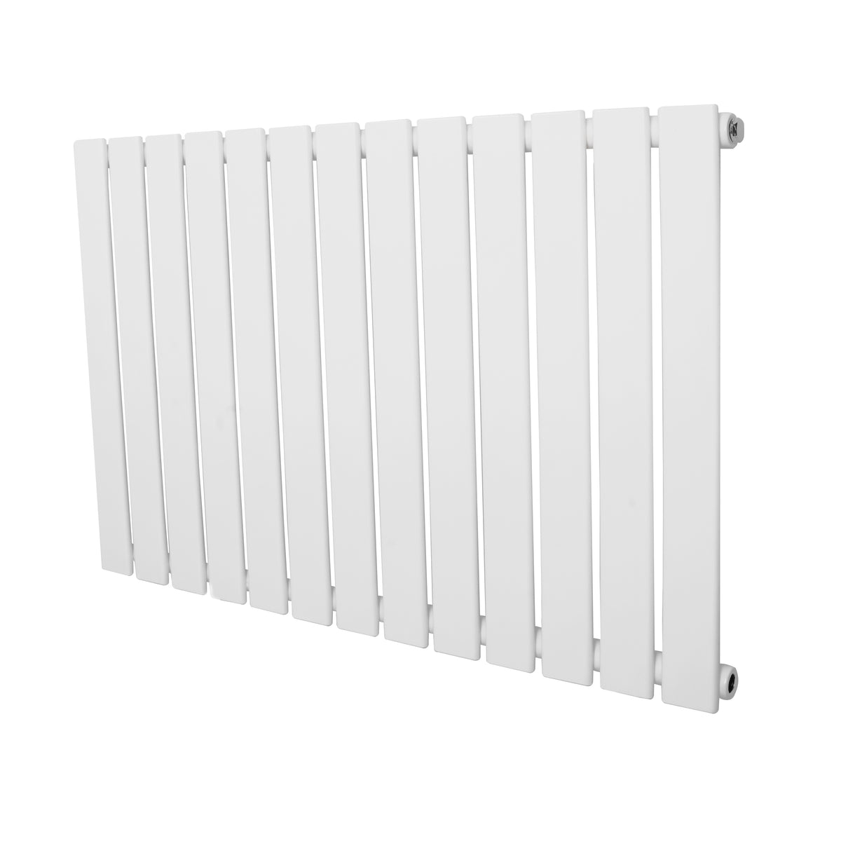 Flachheizkörper in Weiß, 600mm x 910mm, mit schlanken, vertikalen Lamellen und glatter, pulverbeschichteter Oberfläche für moderne Innenräume