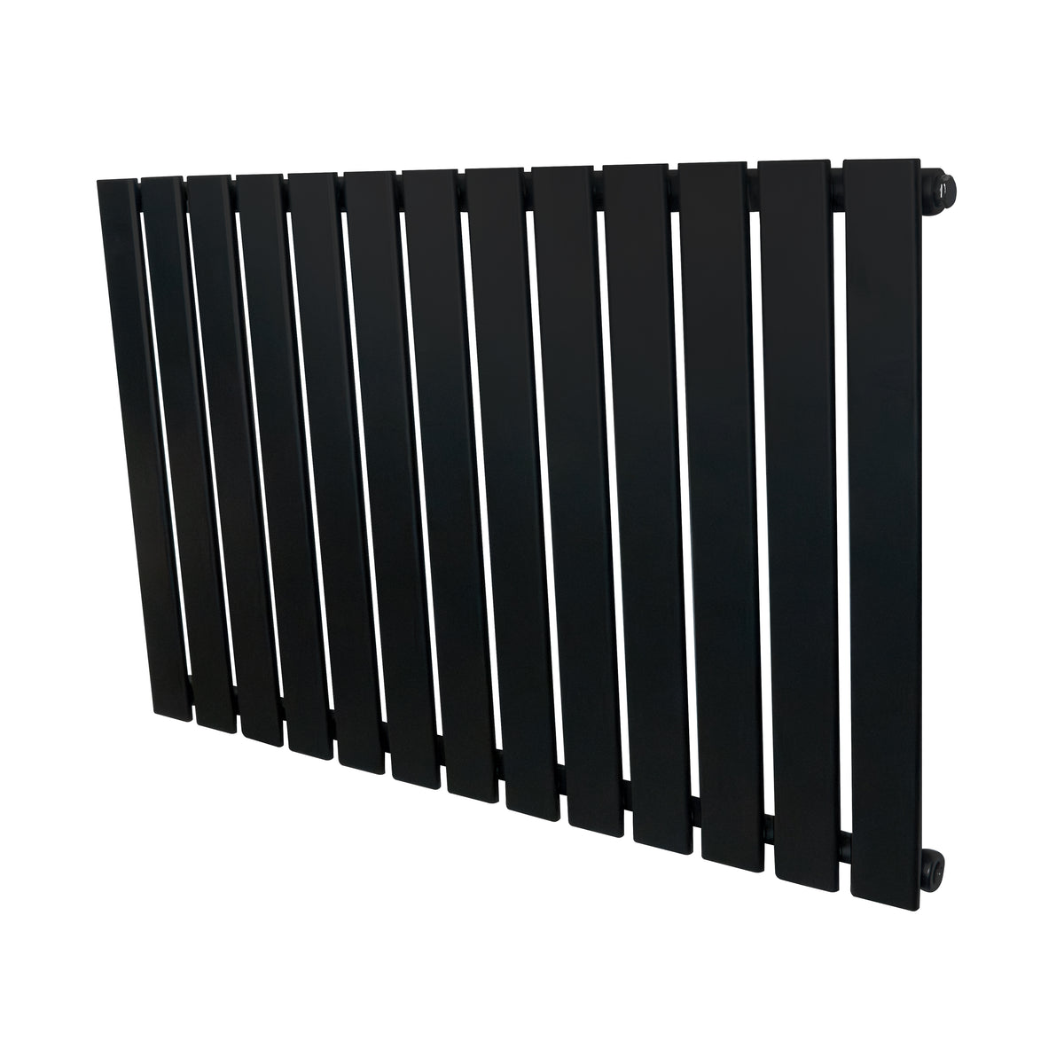 Flachheizkörper in Schwarz, 600mm x 910mm, mit schlanken, vertikalen Lamellen und glatter, mattschwarzer Oberfläche für modernes Wohndesign
