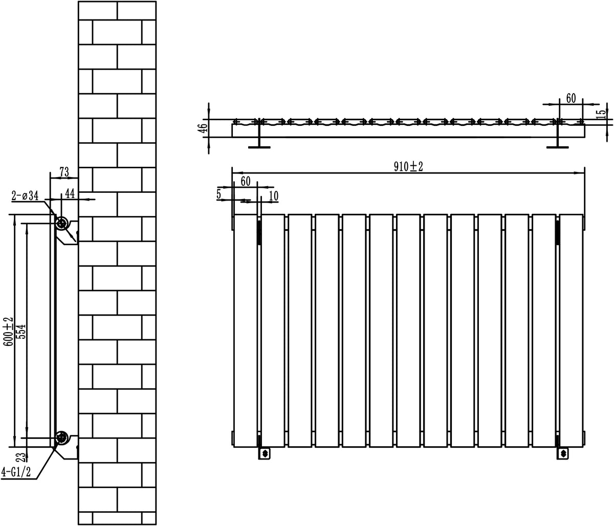 Flachheizkörper in Schwarz, Maße 600mm x 910mm, mit vertikalen Lamellen und klaren Linien, ideal für moderne Innenräume und effiziente Wärmeverteilung
