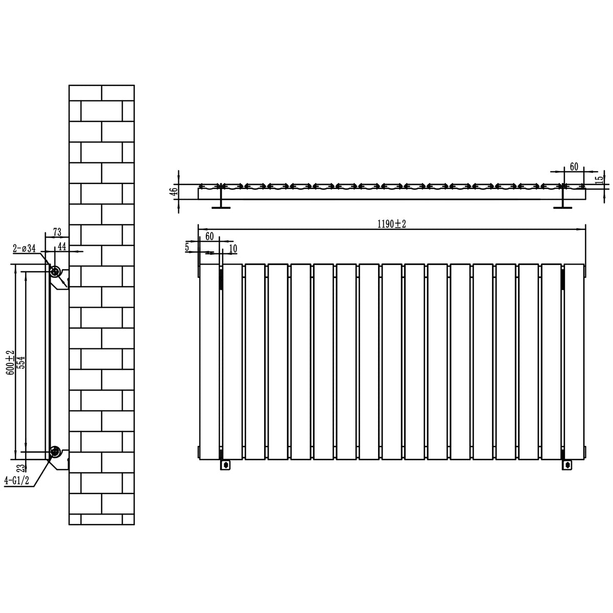 Flachheizkörper in Anthrazitgrau, 600mm x 1190mm, mit vertikalen Lamellen und klaren Linien, ideal für moderne Innenräume und effiziente Wärmeverteilung
