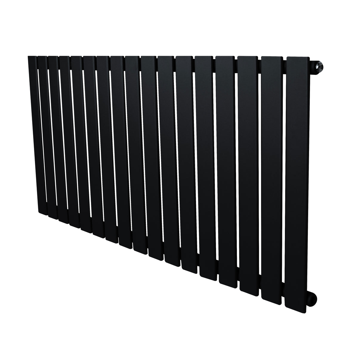 Flachheizkörper in Schwarz, 600mm x 1190mm, mit schlanken, vertikalen Lamellen und mattem Finish, ideal für moderne Wohnräume