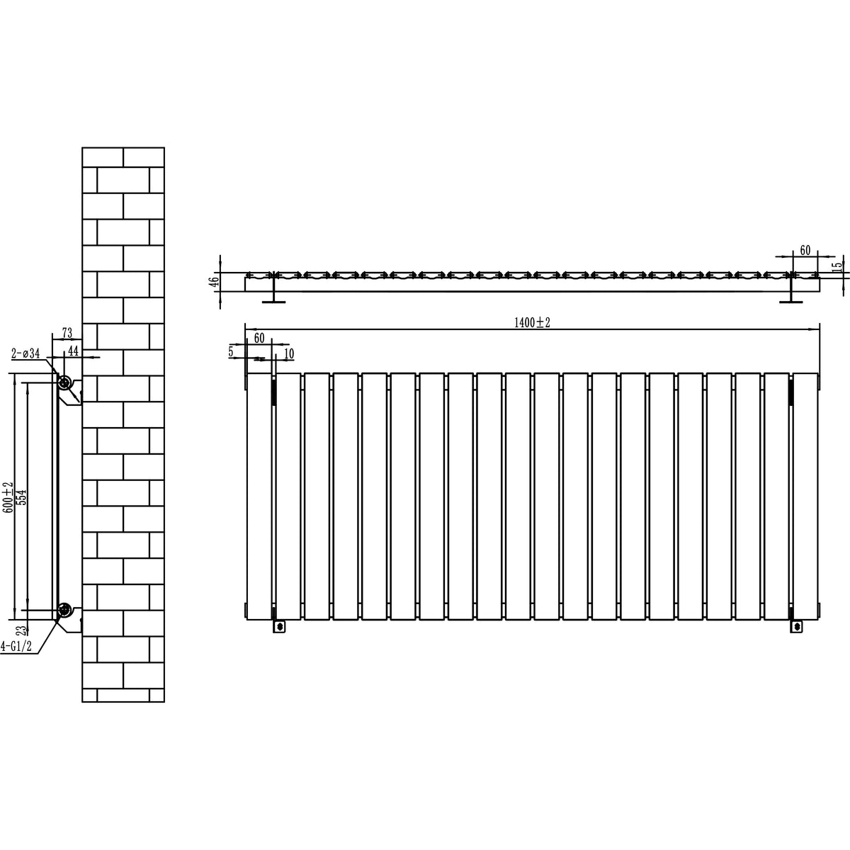 Flachheizkörper in Anthrazitgrau, 600mm x 1400mm, mit schlankem Design und vertikalen Lamellen für effiziente Wärmeverteilung