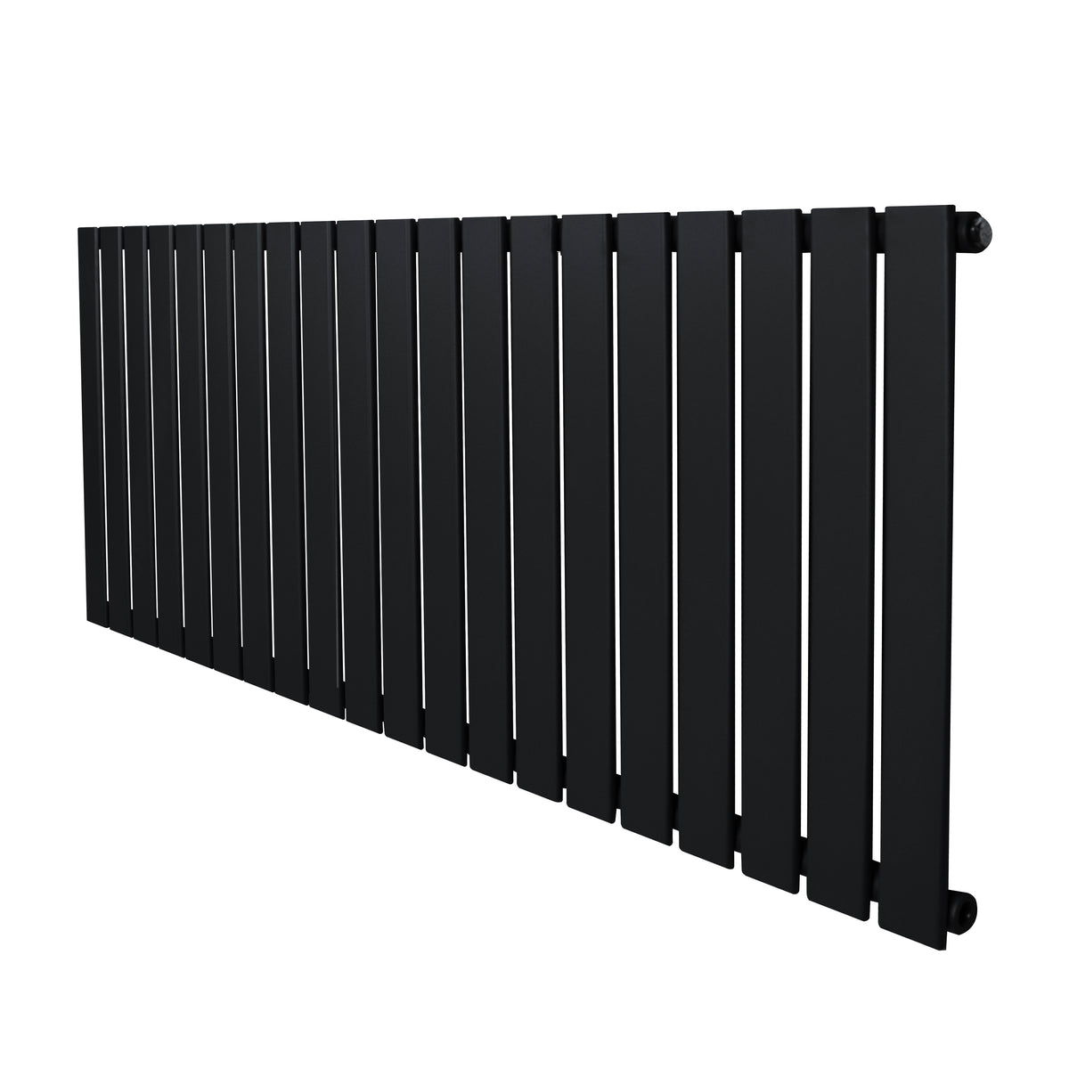 Flachheizkörper in elegantem Schwarz, 600mm x 1400mm, mit schlanken, vertikalen Lamellen und mattem Finish, ideal für moderne Wohnräume