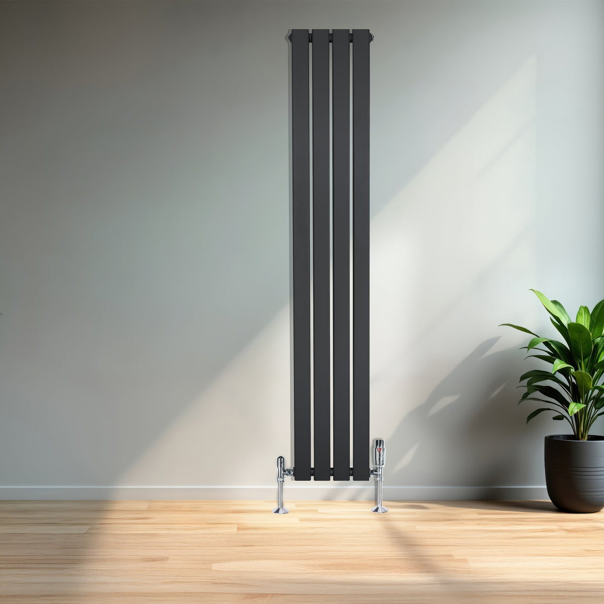 Flachheizkörper in Anthrazitgrau, 1600mm x 280mm, mit schlankem, vertikalem Design und glatter Oberfläche, ideal für moderne Wohnräume