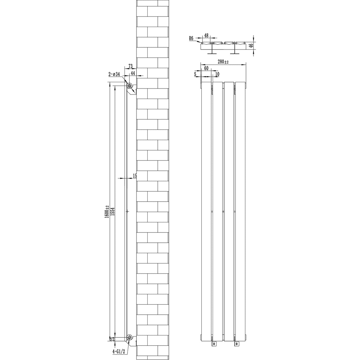Flachheizkörper in Weiß, 1600mm x 280mm, mit schlankem Design und klaren Linien, ideal für moderne Innenräume und effiziente Wärmeverteilung