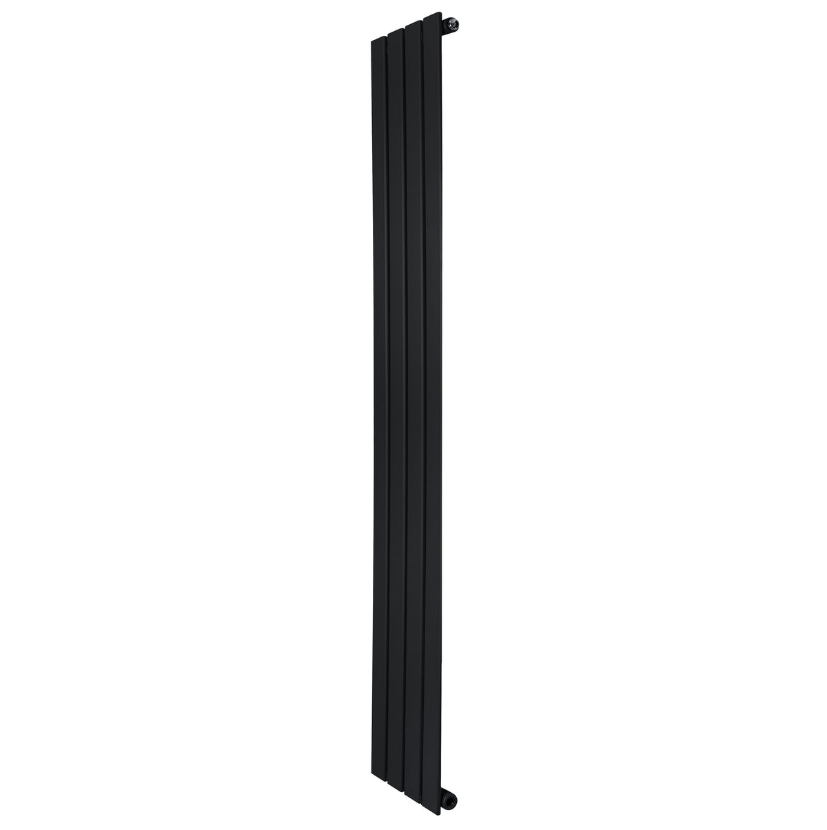 Schlanker, vertikaler Flachheizkörper in mattem Schwarz, 1600mm hoch und 280mm breit, mit eleganten, geraden Lamellen für modernes Design