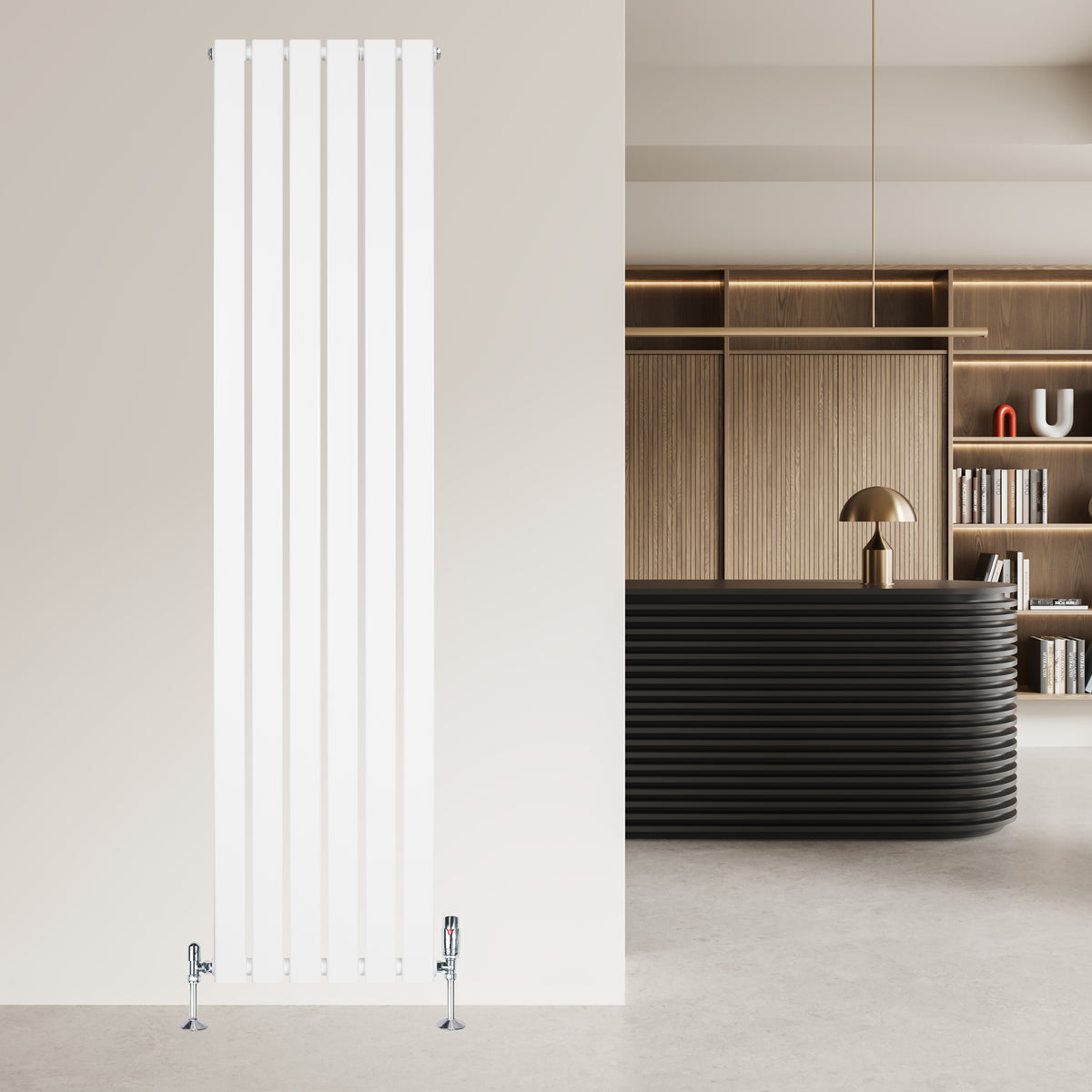 Flachheizkörper in Weiß, 1800mm x 420mm, mit schlanken vertikalen Lamellen, modernem Design und eleganten Fußventilen, ideal für stilvolle Innenräume