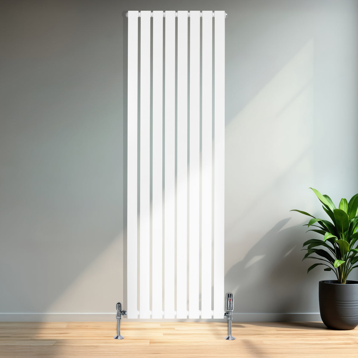 Flachheizkörper in Weiß, 1800mm x 560mm, mit vertikalen Lamellen und glänzenden Metallventilen, ideal für moderne Wohnräume und effiziente Wärmeverteilung