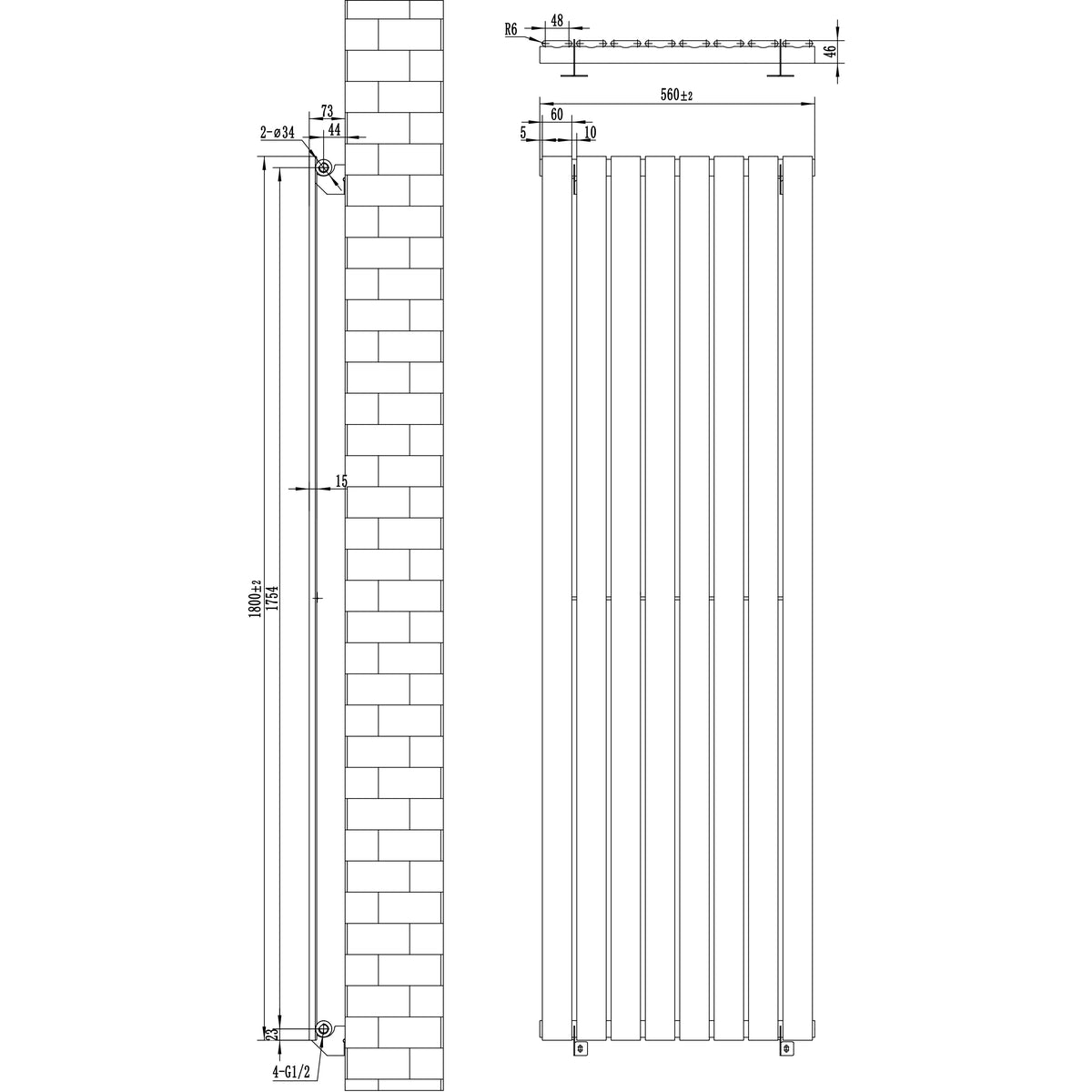 Flachheizkörper in elegantem Schwarz, 1800mm x 560mm, mit schlankem Design und vertikalen Lamellen, ideal für moderne Wohnräume