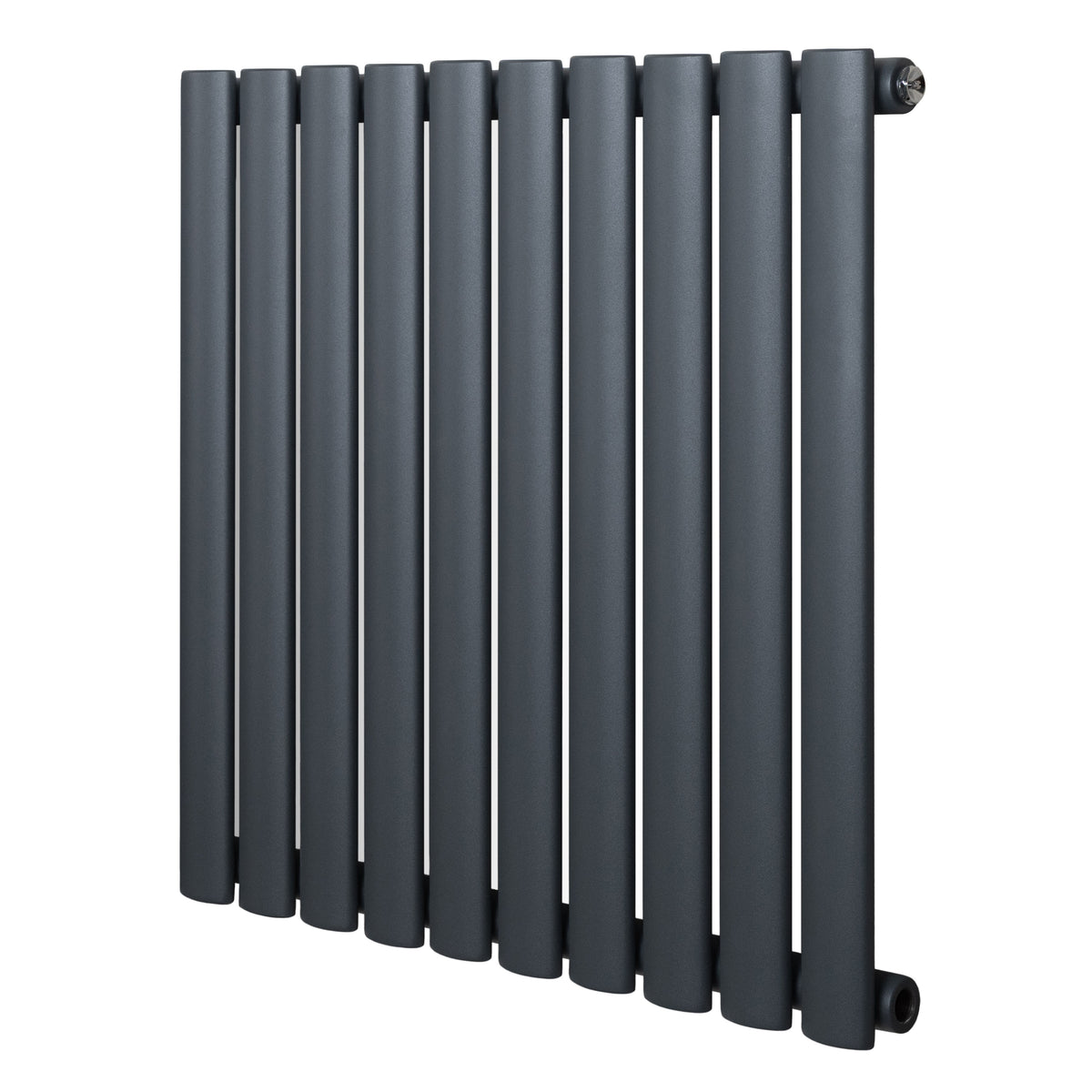 Gliederheizkörper in Anthrazitgrau, 600mm x 600mm, mit schlanken, runden Röhren und mattem Finish, ideal für moderne Innenräume