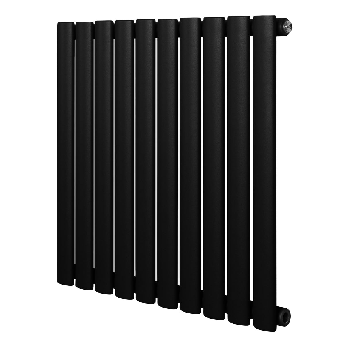 Schwarzer Gliederheizkörper mit 600mm x 600mm, aus mattem Metall, mit schlanken, runden Röhren und modernem Design für effiziente Wärmeverteilung