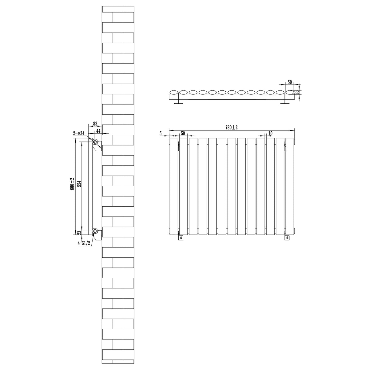 Gliederheizkörper in Weiß, Maße 600mm x 780mm, mit schlanken, runden Rohren und klaren Linien, ideal für moderne Innenräume
