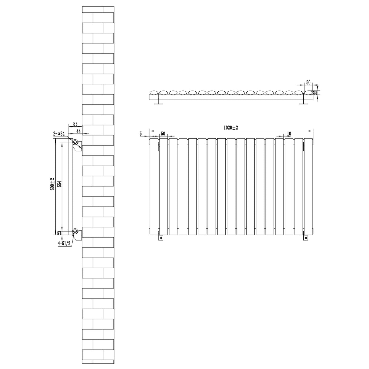 Gliederheizkörper in Anthrazitgrau, 600mm x 1020mm, mit schlanken, vertikalen Röhren und klaren Linien, ideal für moderne Innenräume