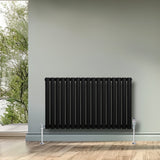 Schwarzer Gliederheizkörper mit 600mm x 1020mm, vertikale Lamellen, glänzende Füße, modern und elegant, ideal für stilvolle Innenräume