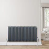 Gliederheizkörper in Anthrazitgrau, 600mm x 1200mm, mit vertikalen Röhren und glänzenden Ventilen, elegant an einer hellen Wand montiert