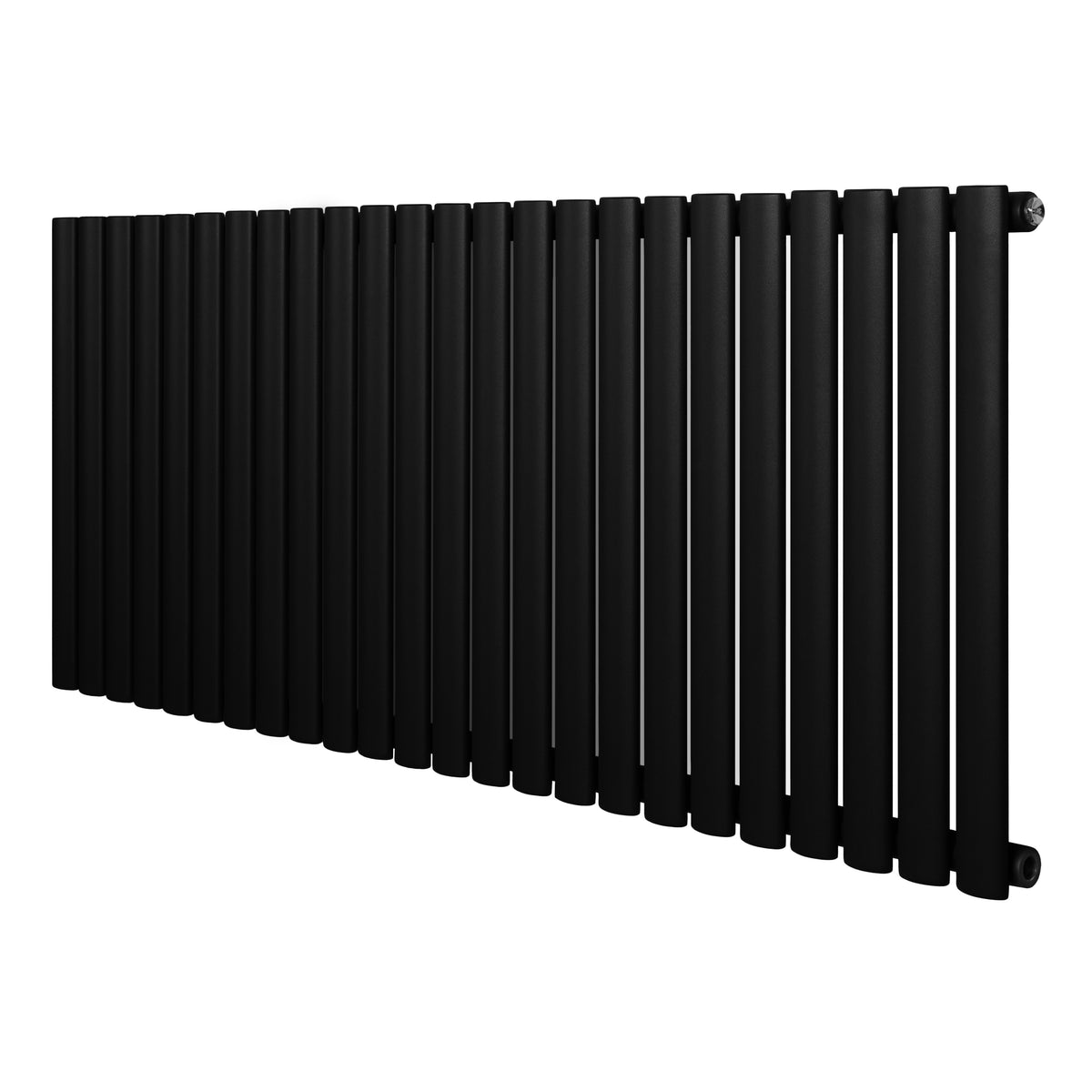 Schwarzer Gliederheizkörper mit 600mm Höhe und 1440mm Breite, bestehend aus mehreren vertikalen Röhren, modern und elegant gestaltet