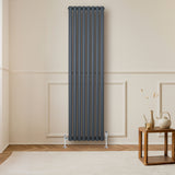 Gliederheizkörper in Anthrazitgrau, 1800mm x 480mm, mit vertikalen Röhren und glänzenden Ventilen, elegant an einer hellen Wand montiert