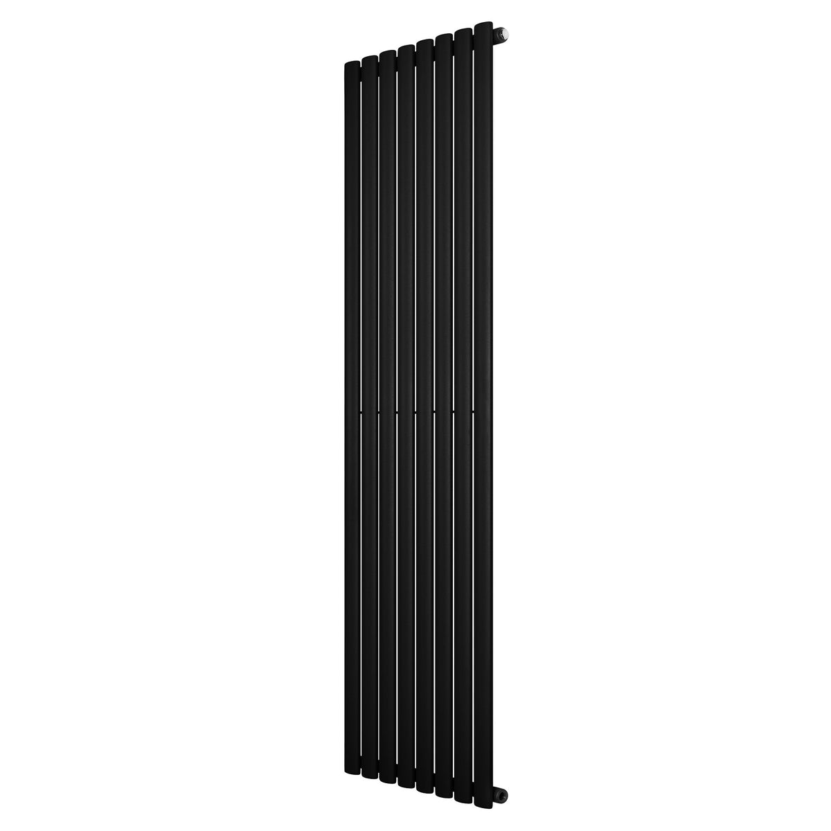 Schwarzer Gliederheizkörper mit einer Höhe von 1800 mm und einer Breite von 480 mm, schlankes Design mit glatten, vertikalen Lamellen und modernem Look