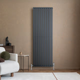 Gliederheizkörper in Anthrazitgrau, 1800mm x 600mm, vertikale Röhren, modernes Design, elegant in einem stilvollen Wohnraum platziert